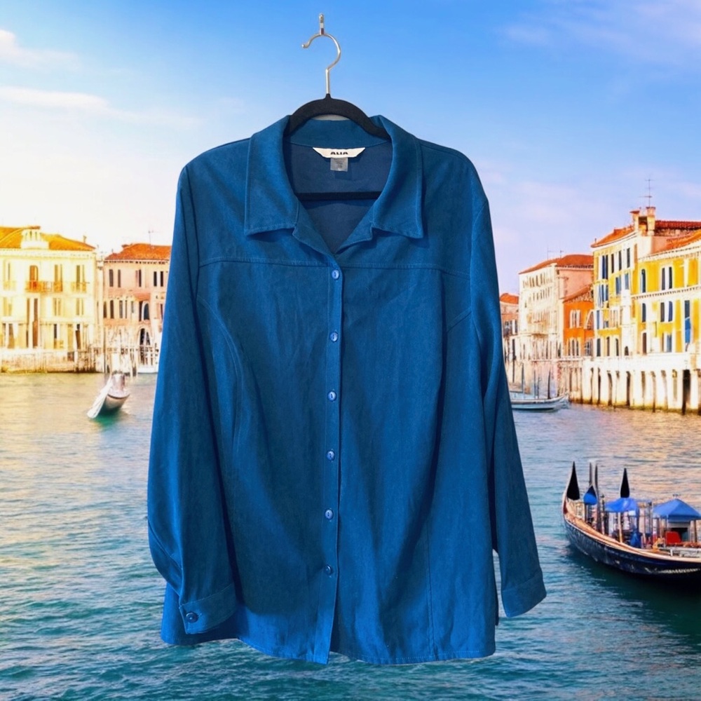 Alia Vintage Blue/Teal Brushed Polyester Button-up Top